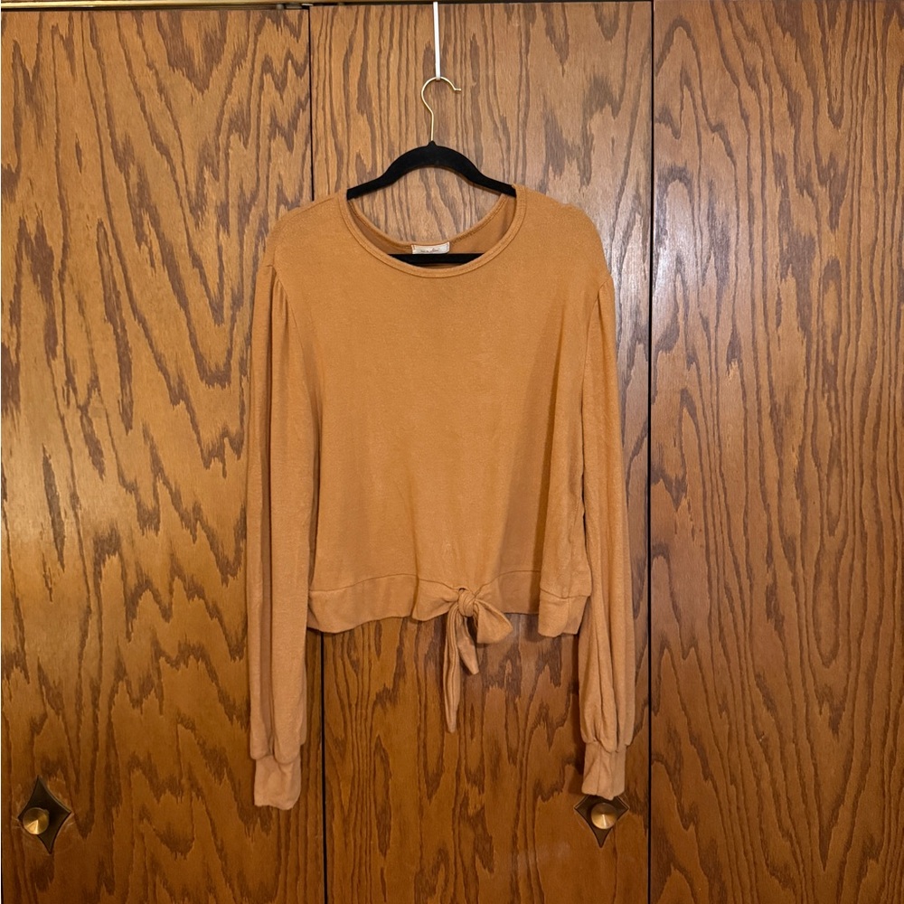On A Whim Tie Front Sweater XL Camel Long Sleeve Soft Knit
